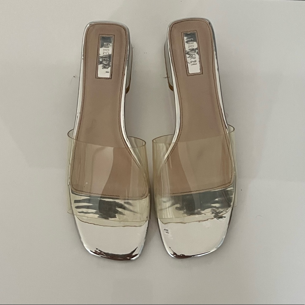 Clear Strap Silver Square Heeled Sandal